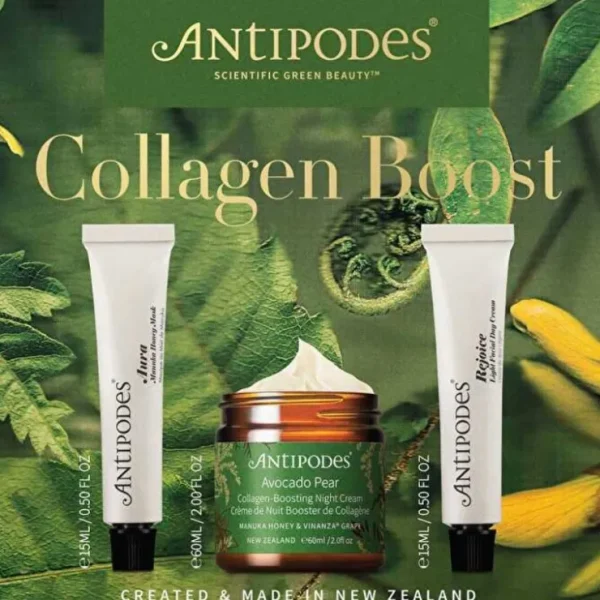 Antipodes Skincare Set Collagen Boost Avo Pear, Rejoince, Aura 3pk - Fresh Bloom Skin - Premium Skincare Solutions for Nourished, Hydrated, and Radiant Skin Every Day