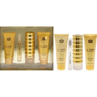 Gold by New Brand for Women - 4 Pc Gift Set 3.3oz EDP Spray, 0.5oz EDP Spray, 4.3oz Shower Gel, 4.3oz Body Lotion - Fresh Bloom Skin - Premium Skincare Solutions for Nourished, Hydrated, and Radiant Skin Every Day