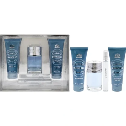 Invincible by New Brand for Men - 4 Pc Gift Set 3.3oz EDT Spray, 0.5oz EDT Spray, 4.3oz After Shave, 4.3oz Shower Gel - Fresh Bloom Skin - Premium Skincare Solutions for Nourished, Hydrated, and Radiant Skin Every Day