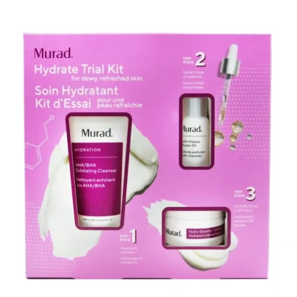 Murad Hydrate Trial Kit: AHA/BHA Exfoliating Cleanser - 60ml/2oz + Multi-Vitamin Infusion Oil - 10ml/0.33oz + Hydro-Dynamic Ultimate Moisture - 15ml/0.5oz 3pcs - Fresh Bloom Skin - Premium Skincare Solutions for Nourished, Hydrated, and Radiant Skin Every Day