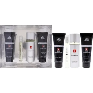 New Brand Prestige Commando by New Brand for Men - 4 Pc Gift Set 3.3oz EDT Spray, 0.5oz EDT Spray, 4.3oz Shower Gel, 4.3oz After Shave - Fresh Bloom Skin - Premium Skincare Solutions for Nourished, Hydrated, and Radiant Skin Every Day