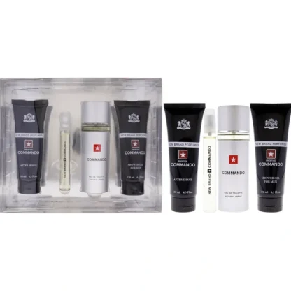 New Brand Prestige Commando by New Brand for Men - 4 Pc Gift Set 3.3oz EDT Spray, 0.5oz EDT Spray, 4.3oz Shower Gel, 4.3oz After Shave - Fresh Bloom Skin - Premium Skincare Solutions for Nourished, Hydrated, and Radiant Skin Every Day
