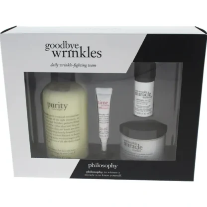 Philosophy Goodbye Wrinkles Set by Philosophy for Unisex - 4 Pc Set 8oz Purity Made Simple, 2oz Anti-wrinkle Miracle Worker, 0.25oz Anti-wrinkle Miracle Worker Eye, 1oz Time In A Bottle 100% In-control - Fresh Bloom Skin - Premium Skincare Solutions for Nourished, Hydrated, and Radiant Skin Every Day
