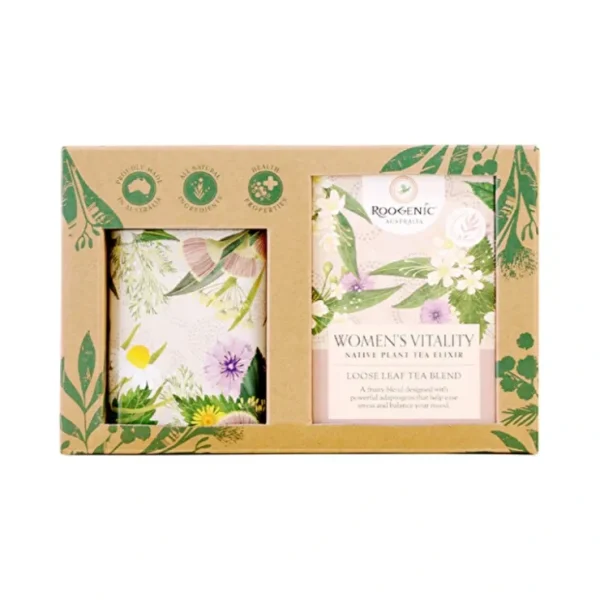 Roogenic Australia Gift Box Women's Vitality (Native Plant Tea Elixir) Loose Leaf with Womens Tin 65g - Fresh Bloom Skin - Premium Skincare Solutions for Nourished, Hydrated, and Radiant Skin Every Day