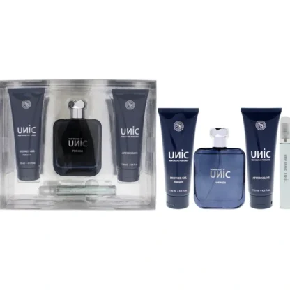 Unic by New Brand for Men - 4 Pc Gift Set 3.3oz EDT Spray, 0.5oz EDT Spray, 4.3oz Shower Gel, 4.3oz After Shave - Fresh Bloom Skin - Premium Skincare Solutions for Nourished, Hydrated, and Radiant Skin Every Day
