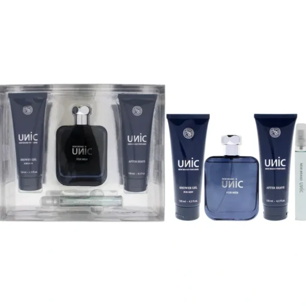 Unic by New Brand for Men - 4 Pc Gift Set 3.3oz EDT Spray, 0.5oz EDT Spray, 4.3oz Shower Gel, 4.3oz After Shave - Fresh Bloom Skin - Premium Skincare Solutions for Nourished, Hydrated, and Radiant Skin Every Day