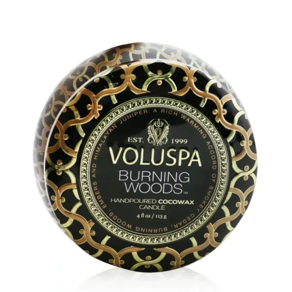 Voluspa Mini Tin Candle - Burning Woods 113g/4oz - Fresh Bloom Skin - Premium Skincare Solutions for Nourished, Hydrated, and Radiant Skin Every Day