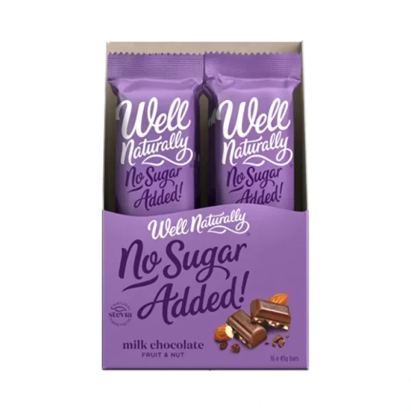 Well Naturally No Added Sugar Bar Milk Chocolate Fruit & Nut 45g x 16 Display - Fresh Bloom Skin - Premium Skincare Solutions for Nourished, Hydrated, and Radiant Skin Every Day