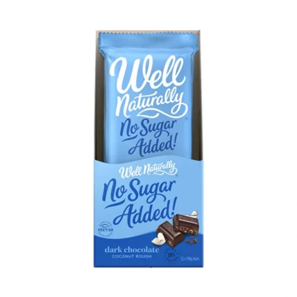 Well Naturally No Added Sugar Block Dark Chocolate Coconut Rough 90g x 12 Display - Fresh Bloom Skin - Premium Skincare Solutions for Nourished, Hydrated, and Radiant Skin Every Day