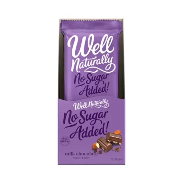 Well Naturally No Added Sugar Block Milk Chocolate Fruit & Nut 90g x 12 Display - Fresh Bloom Skin - Premium Skincare Solutions for Nourished, Hydrated, and Radiant Skin Every Day